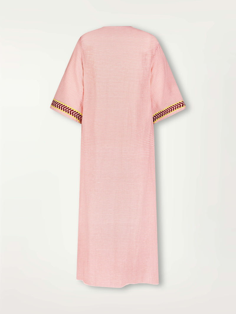 Product Back Image of Edna V Neck Dress featuring delicate pink stripes with a bold chevron patterned ribbon, along with muted hues of pink, burgundy, and a bright citrus-orange hue.