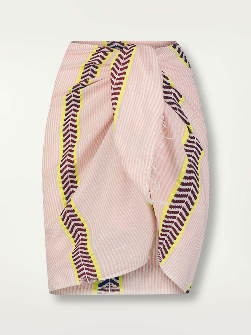 Product Front Image of Lema Sarong featuring delicate pink stripes with a bold chevron patterned ribbon, along with muted hues of pink, burgundy, and a bright citrus-orange hue.