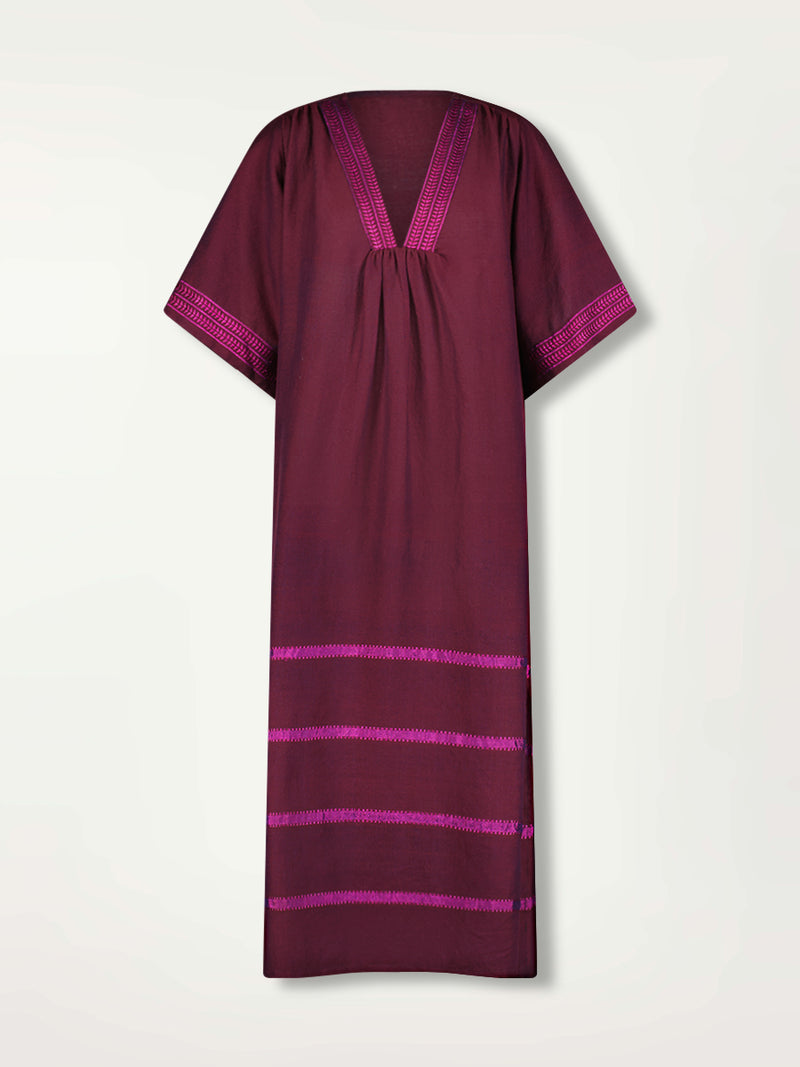 Product Front Shot of Edna V Neck Dress featuring rich, luxurious burgundy tones with hints of magenta.