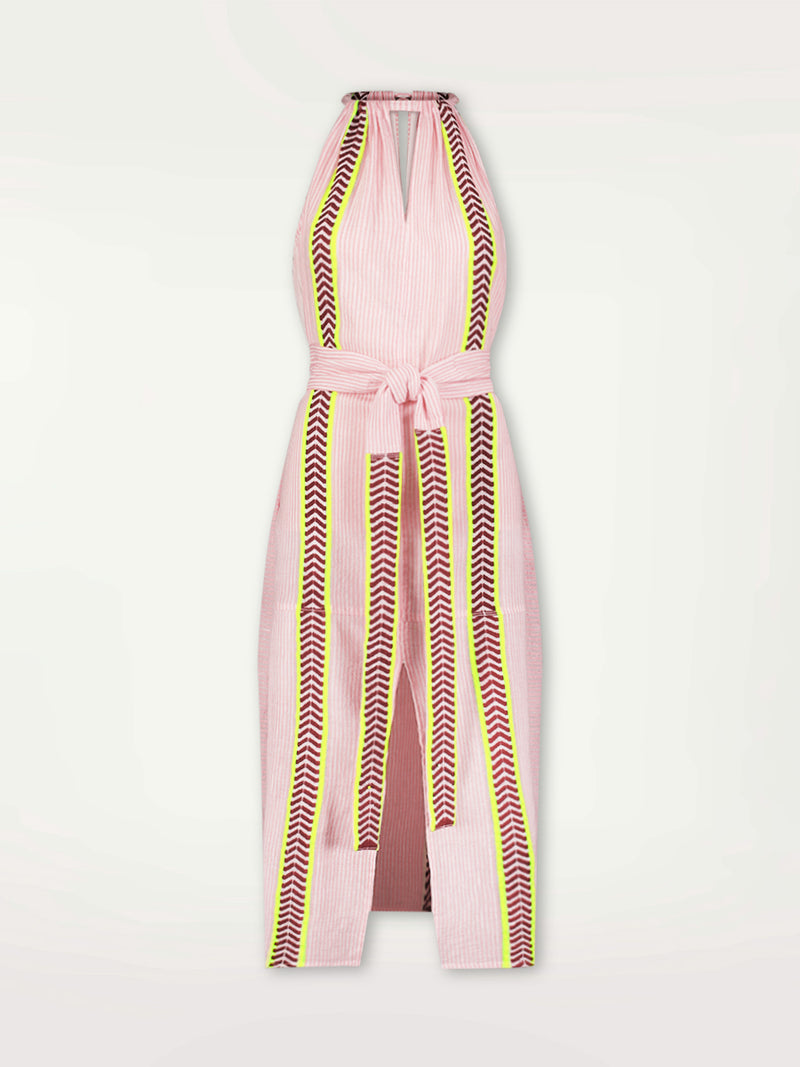 Product Front Image of Ayana Halter Dress  featuring delicate pink stripes with a bold chevron patterned ribbon, along with muted hues of pink, burgundy, and a bright citrus-orange hue.