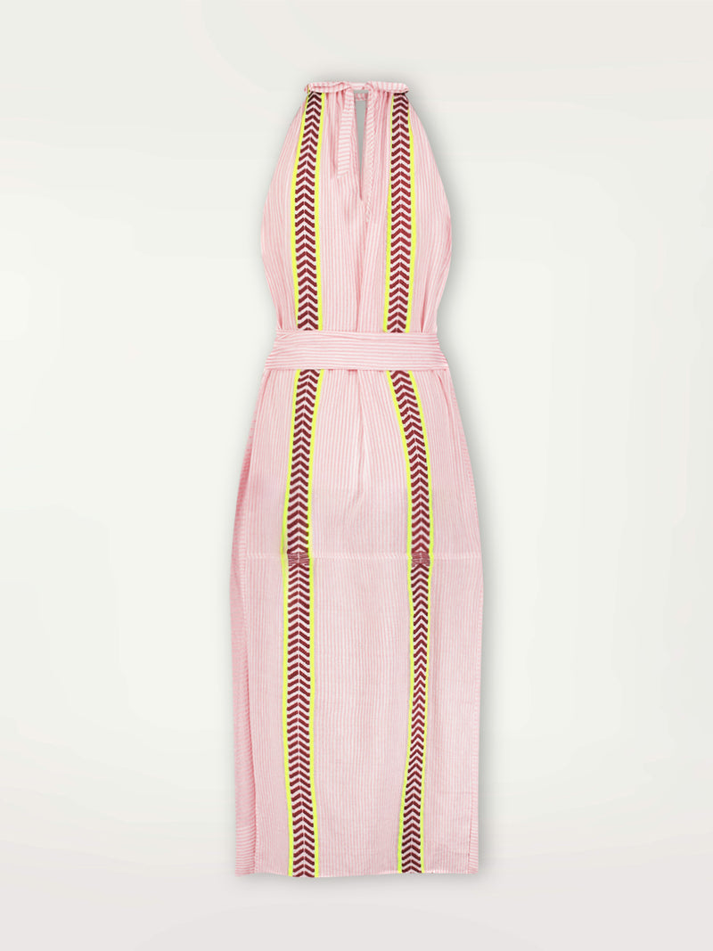 Product Back Image of Ayana Halter Dress featuring delicate pink stripes with a bold chevron patterned ribbon, along with muted hues of pink, burgundy, and a bright citrus-orange hue.