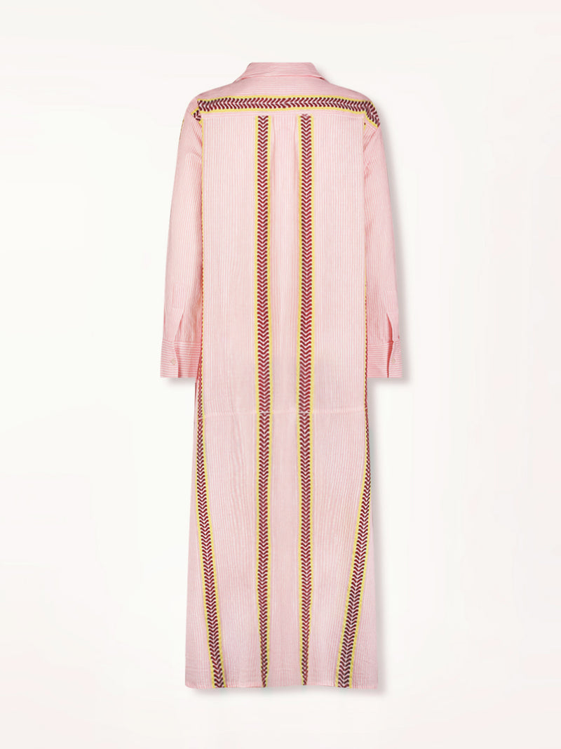 Product Back Image of Anata Shirt Dress featuring delicate pink stripes with a bold chevron patterned ribbon, along with muted hues of pink, burgundy, and a bright citrus-orange hue.