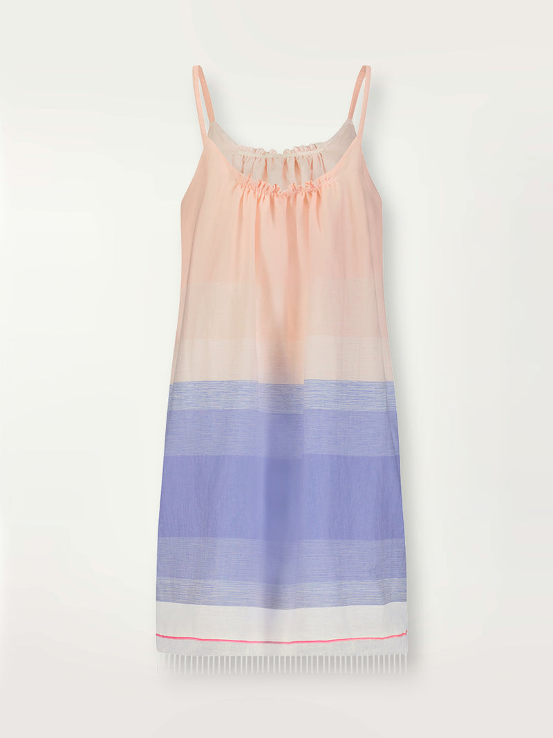 Product shot of the back the Jelba Swing Dress featuring gradient color block design of nine shades of soft pink and blues highlighted by a bright pink mini stripe at the edge of the dress.