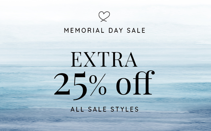 Memorial Day Sale announcement with extra 25% off sale styles on a blue water painting resembling the ocean. 