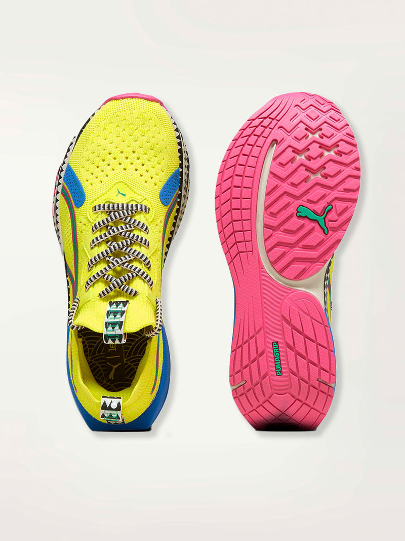 Product Upper Shot of a Puma PWR XX NITRO™ Women's Training Shoes featuring a premium knitted upper highlighted with bright color details and lemlem’s traditional triangle print.