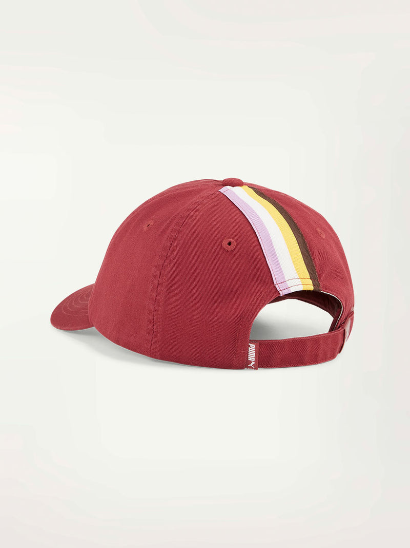 Product Back Shot of Puma x lemlem Cap Featuring Team Regal Red Color and Color Stripe Detail on the Back