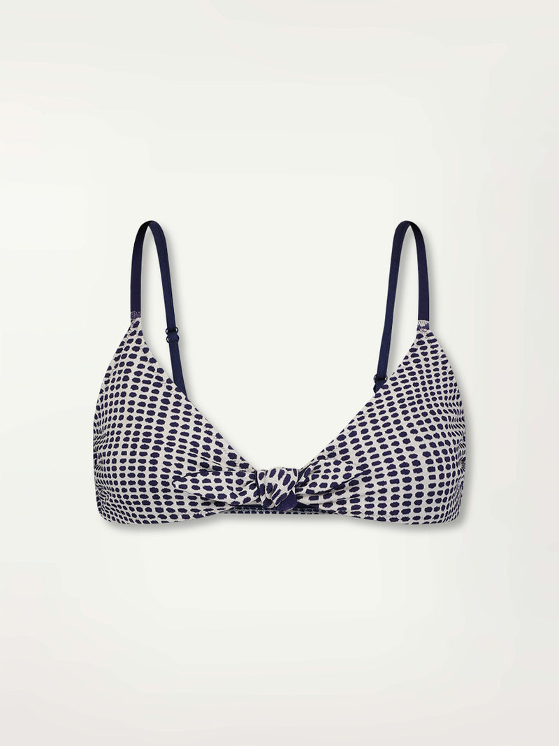 Product Front Shot of the Sara Tie Front Bikini Top Featuring Blue Dotted Pattern