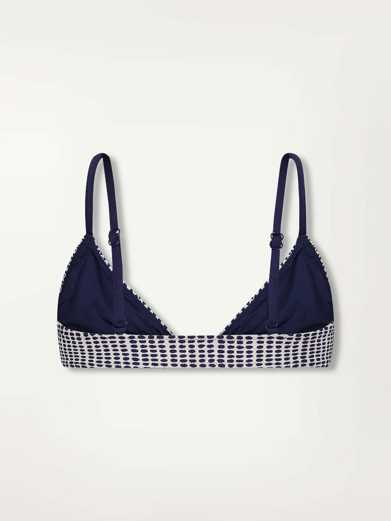 Product Back Shot of the Sara Tie Front Bikini Top Featuring Blue Dotted Pattern