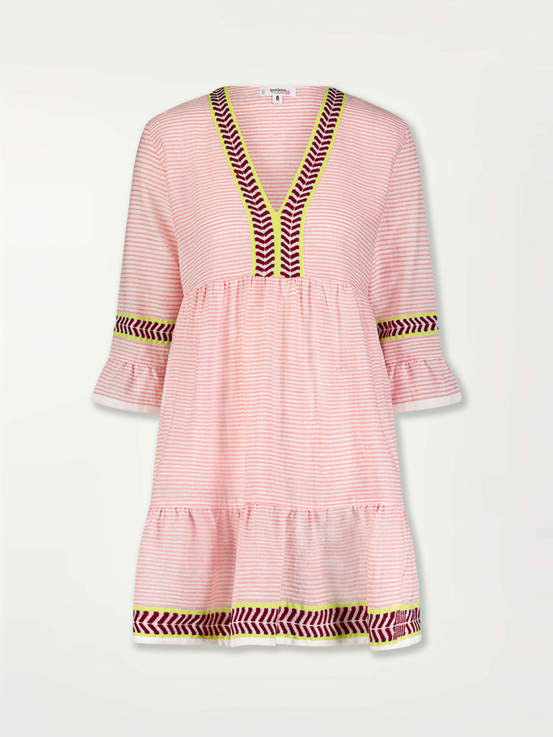 Product Front Image of Hanna Flutter Dress featuring delicate pink stripes with a bold chevron patterned ribbon, along with muted hues of pink, burgundy, and a bright citrus-orange hue.