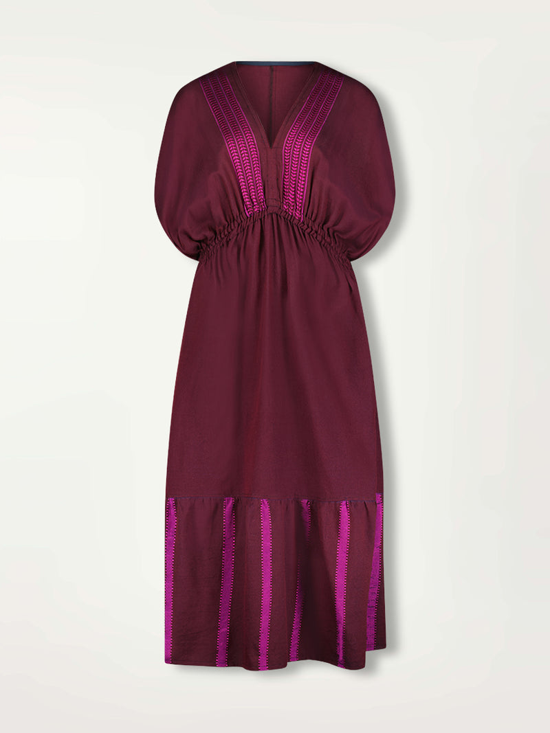 Product Front Shot of Leila Plunge Dress featuring rich, luxurious burgundy tones with hints of magenta.