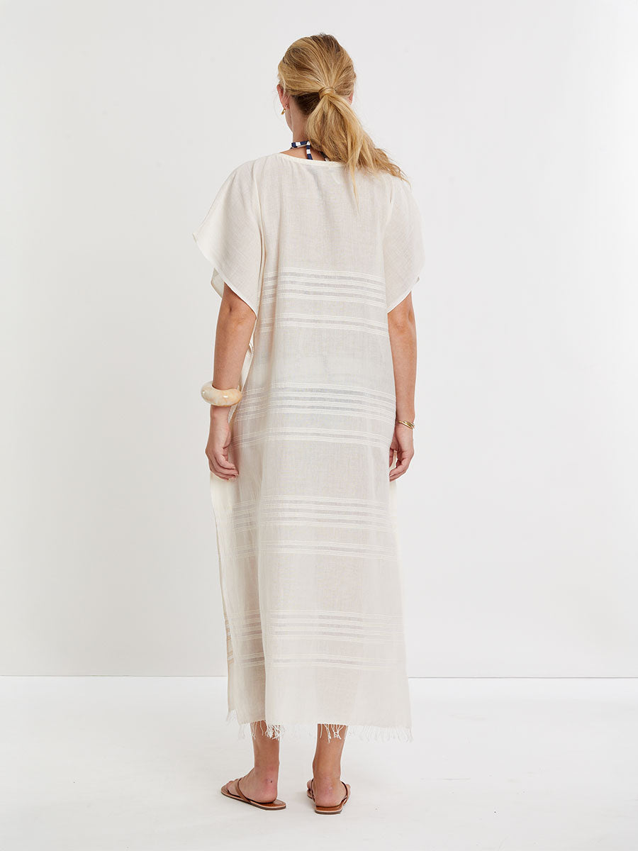 Dalila V Neck Caftan - Lacee Cream, in Cotton - Size One Size - Light & Comfortable Feel - Hand-woven in Ethiopia
