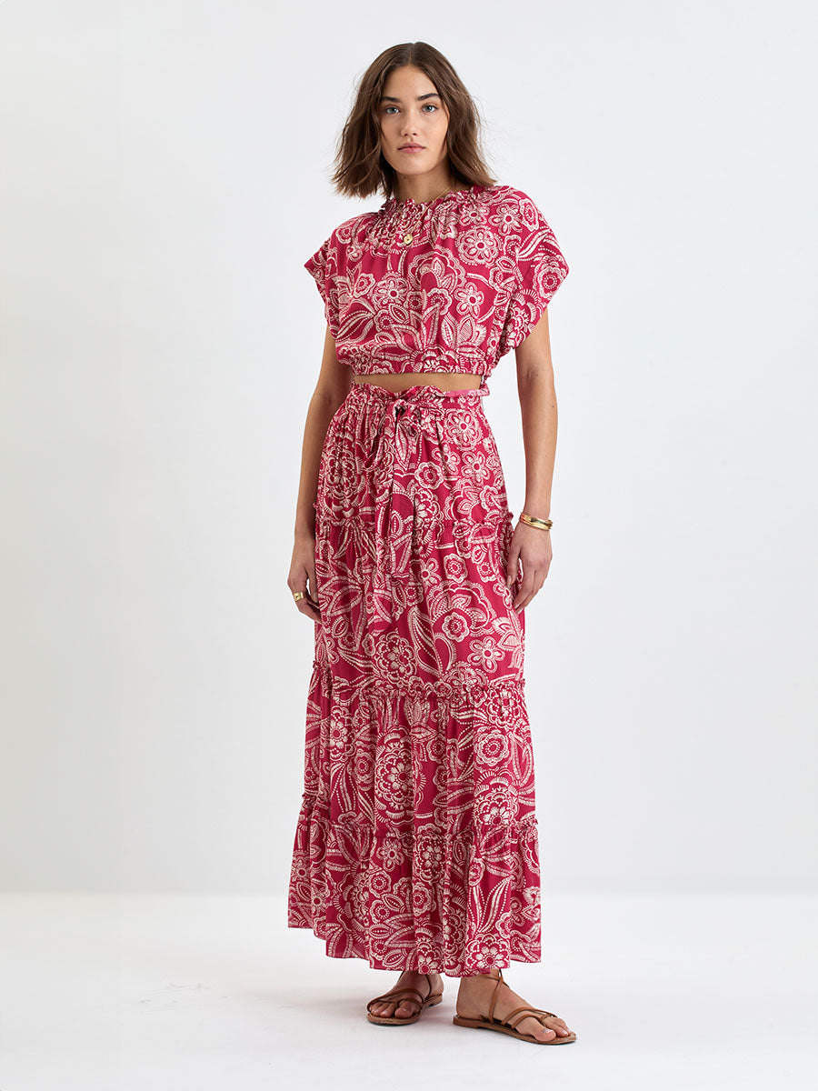 lemlem Women's MUNA Ruched Crop Top in Maraki Ruby