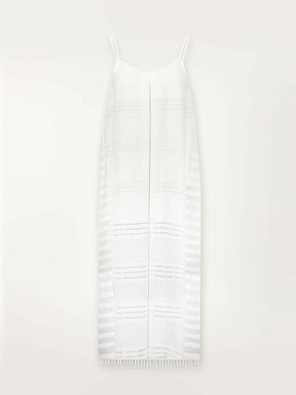 Product shot of the front of a white Abira long slip dress with spaghetti straps and stitches of silver lurex