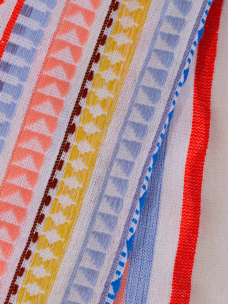 Close up on the fabric of the Bekah Short Sleeveless Plunge Neck Dress featuring 10 tutti frutti colors embroidered on a white background.  