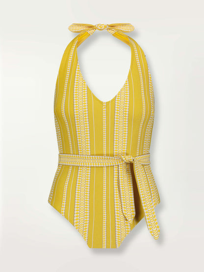 Product shot of the Luchia Deep V One Piece in yellow and enhanced with ivory and strands of golden shimmering lurex.