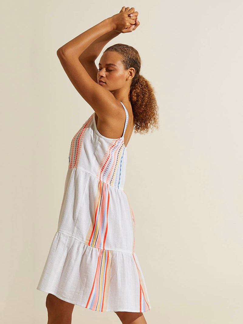 Side view of a woman standing with her arms over her head wearing the Bekah Midi Cascade Dress featuring 10 tutti frutti colors embroidered on a white background.  