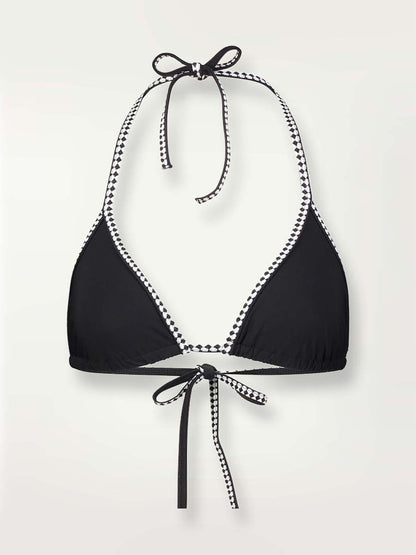 Product shot of the front of the Lena Triangle Top in Black featuring black and white tibeb trim.