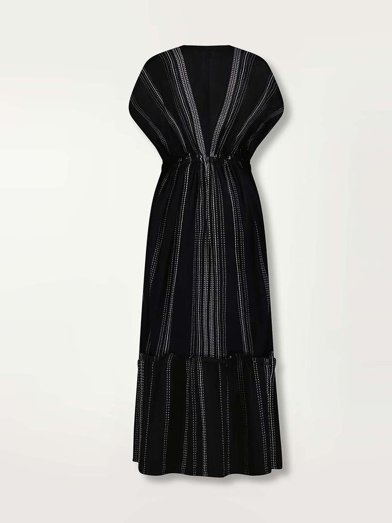 Product shot of the back of the Leliti Plunge Neck Dress in Black with white stitching allover.