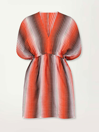 Product Front Shot of Alem Short Plunge Dress featuring graded continuous stripe pattern creating an ombre effect featuring earth, orchid & burnt orange.