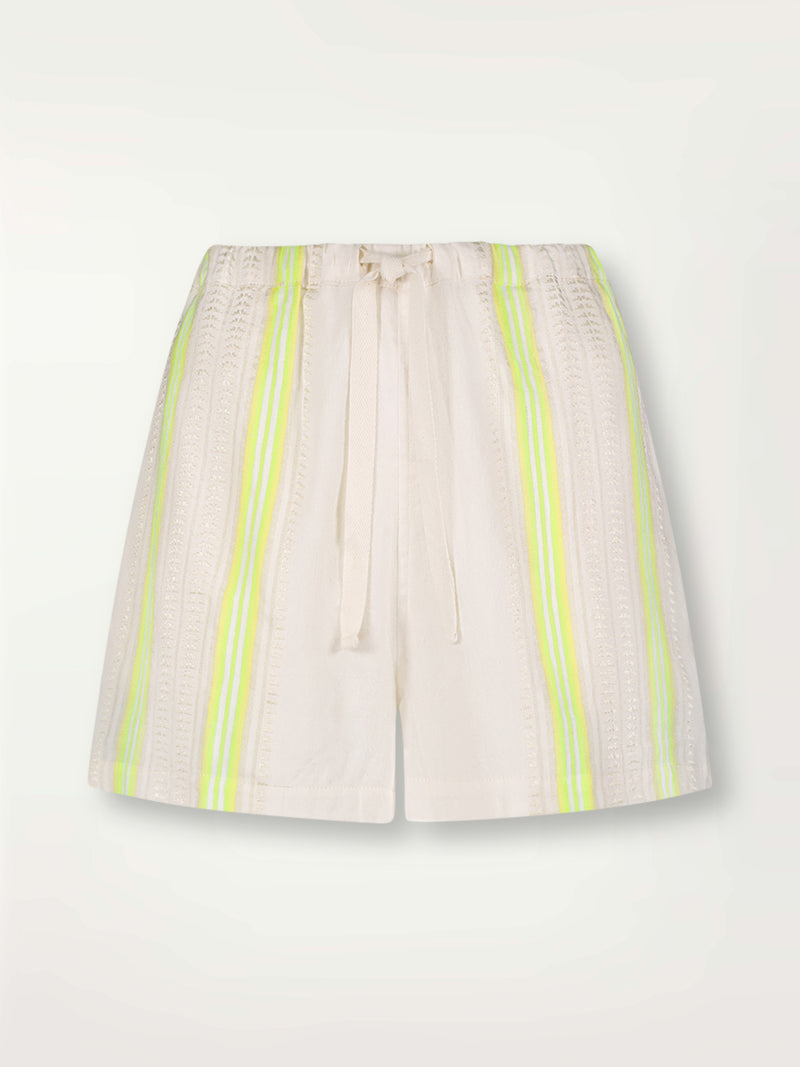 Product Front Shot of Safia Shorts featuring combination of matte and shine natural tibebs and stripes in Vanilla Cream and Lime sorbet colors.