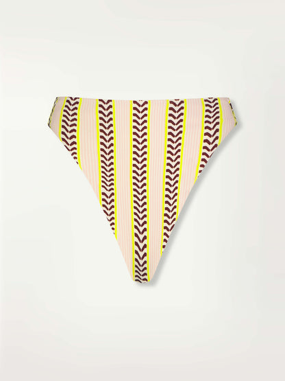Product Front Shot of a Kala High Leg Bikini Bottom featuring delicate pink stripes with a bold chevron patterned ribbon, along with muted hues of pink, burgundy, and a bright citrus hue.