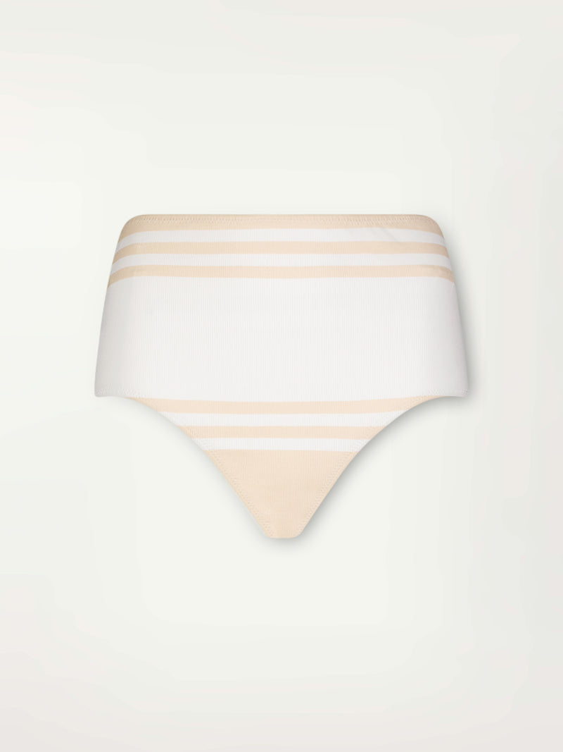 Product Front Shot of Elsi High Waist Bottom featuring bold stripe pattern in subtle neutral tan color on classic white ribbed ground