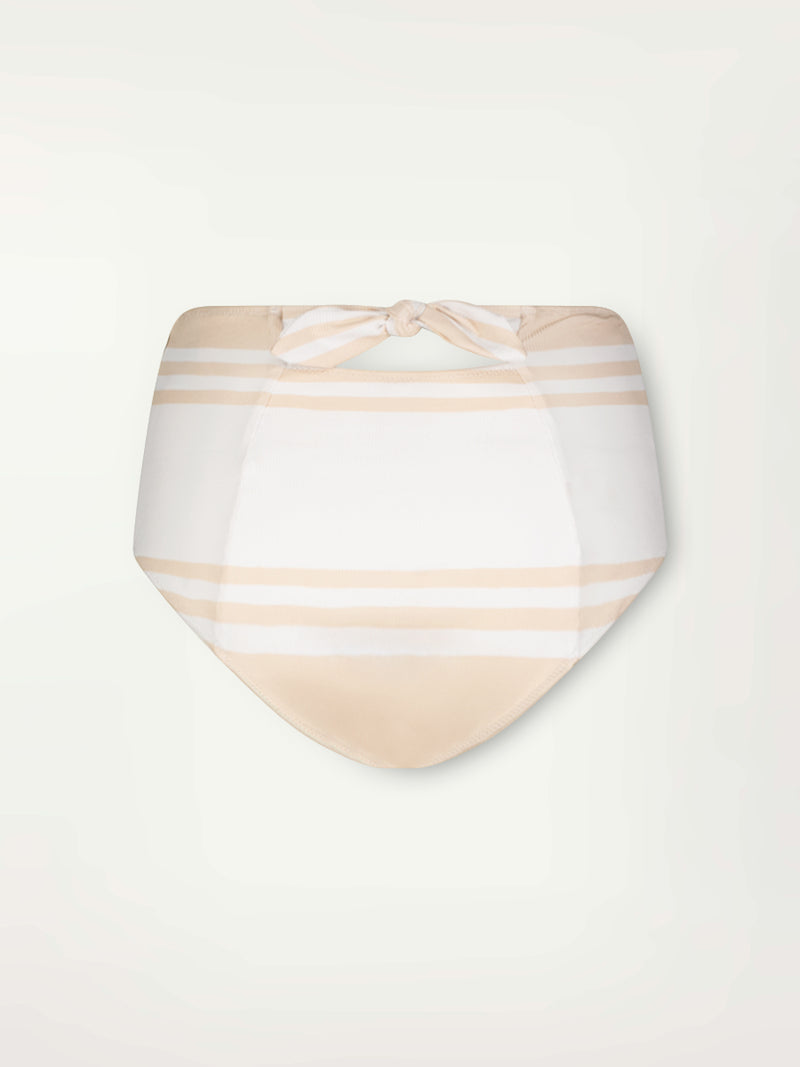 Product Back Shot of Elsi High Waist Bottom featuring bold stripe pattern in subtle neutral tan color on classic white ribbed ground