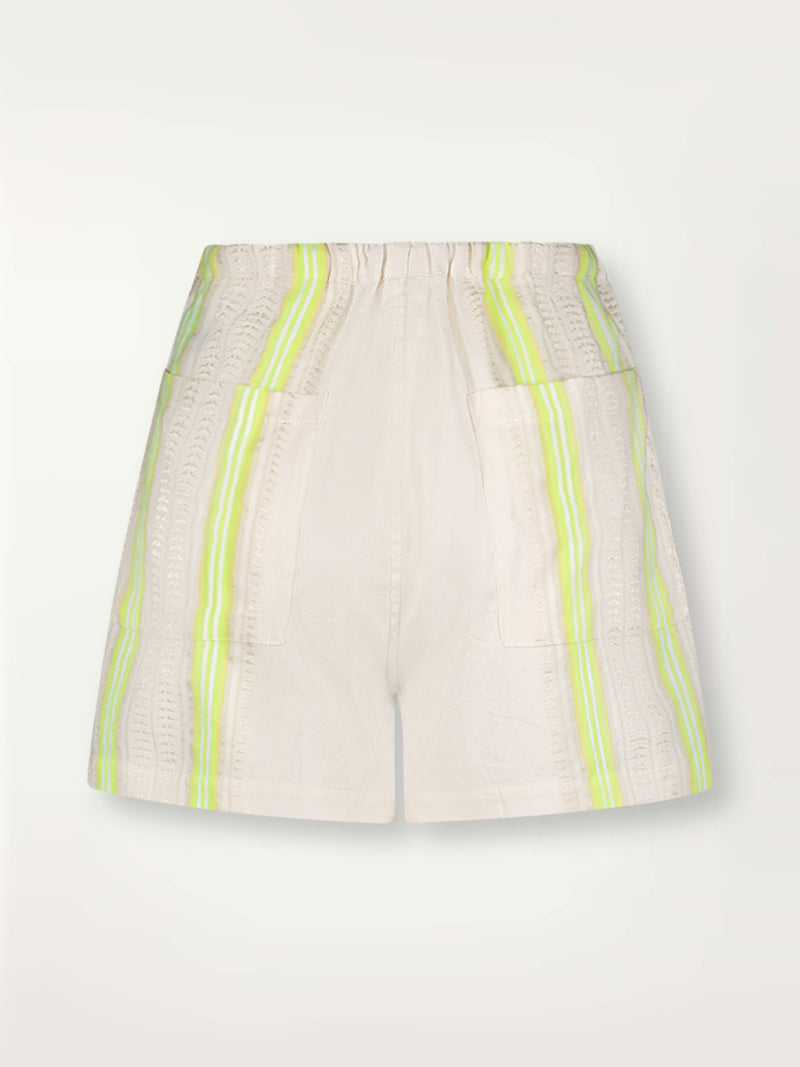 Product Back Shot of Safia Shorts featuring combination of matte and shine natural tibebs and stripes in Vanilla Cream and Lime sorbet colors.
