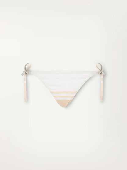 Product Front Shot of Rekka String Bikini Bottom featuring bold stripe pattern in subtle neutral tan color on classic white ribbed ground