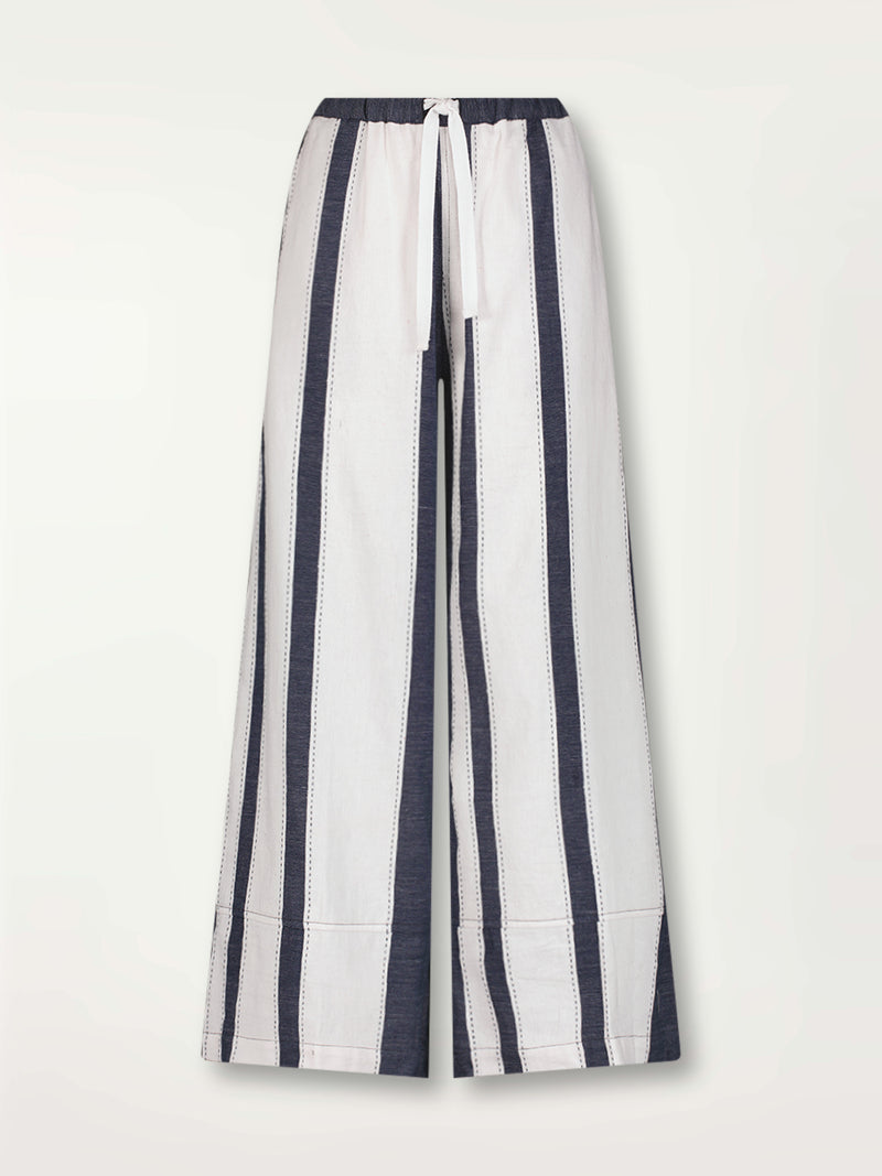 Product Front Shot of Desta Pants featuring Bold Stripe Pattern with pick stitch edge in Classic Navy and White colors.