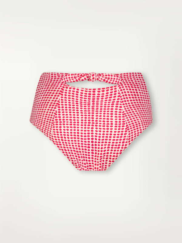 Product Back Shot of Elsi High Waist Bottom featuring vibrant raspberry dots on an ivory background