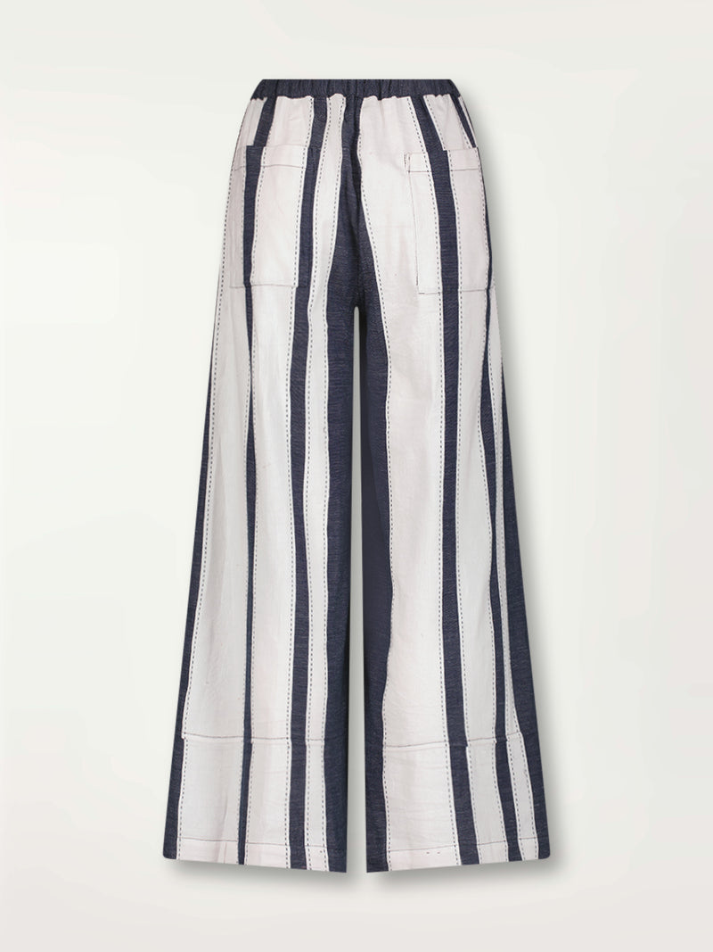 Product Back Shot of Desta Pants featuring Bold Stripe Pattern with pick stitch edge in Classic Navy and White colors.