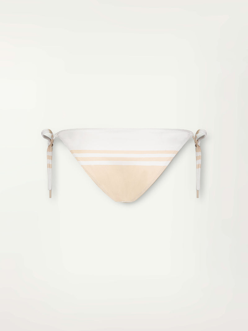 Product Back Shot of Rekka String Bikini Bottom featuring bold stripe pattern in subtle neutral tan color on classic white ribbed ground