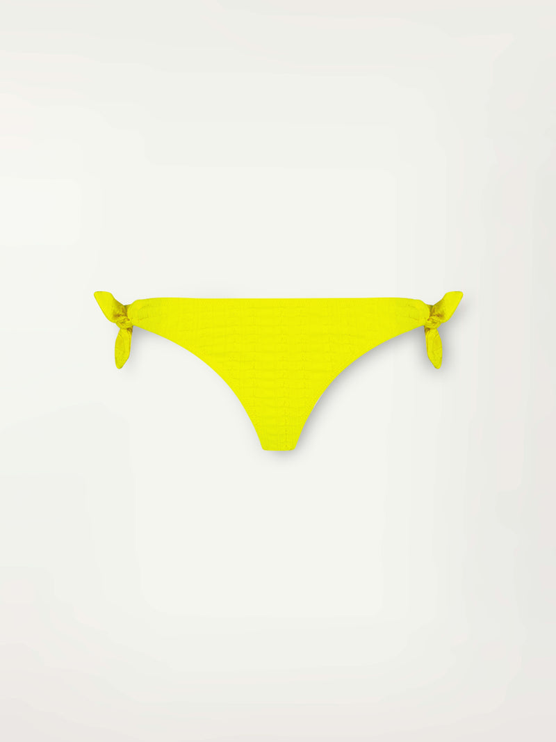 Product Front Shot of Lucy Side Tie Bottom featuring a textured down sampled Jordanos pattern in a bright flattering citron color