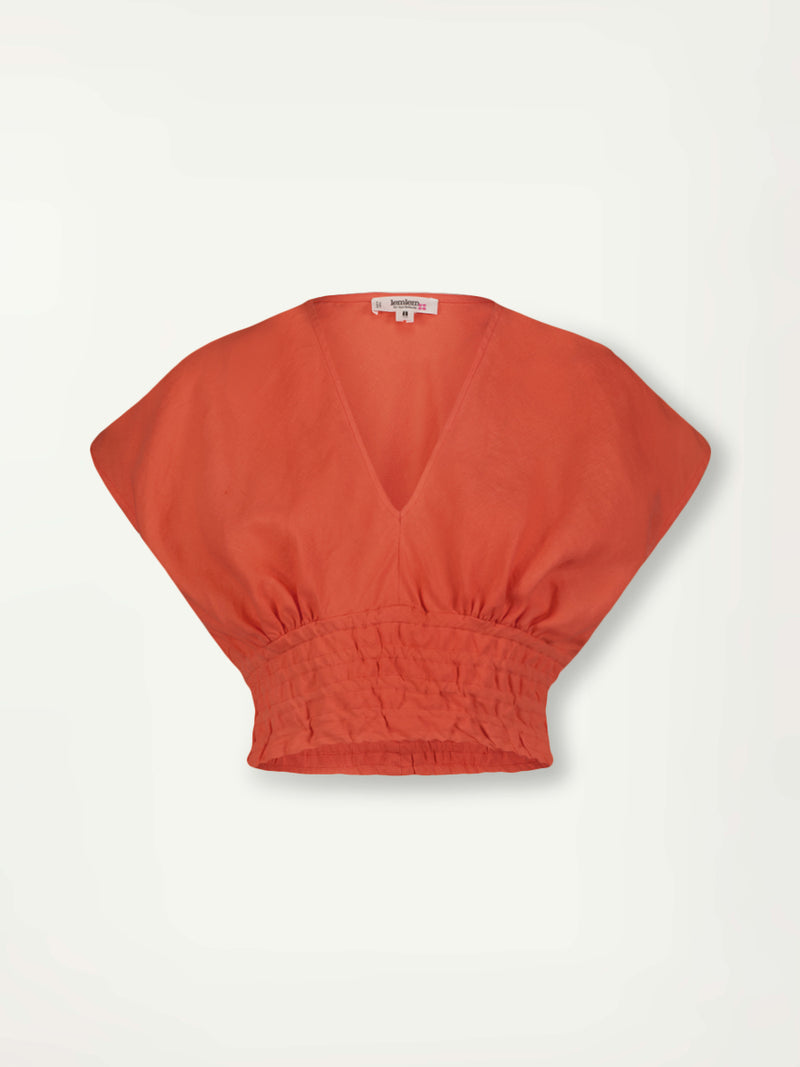 Product Front Shot of Alia Plunge Top featuring bright, happy and sophisticated coral  color