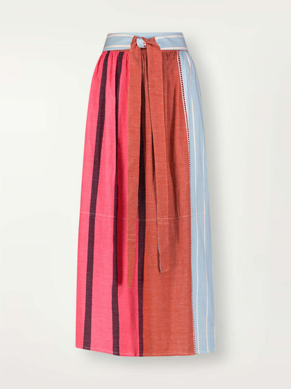 Product Front Shot of Tola Skirt Featuring all over stripe color block pattern in sky, terracotta, brick and burgundy colors.