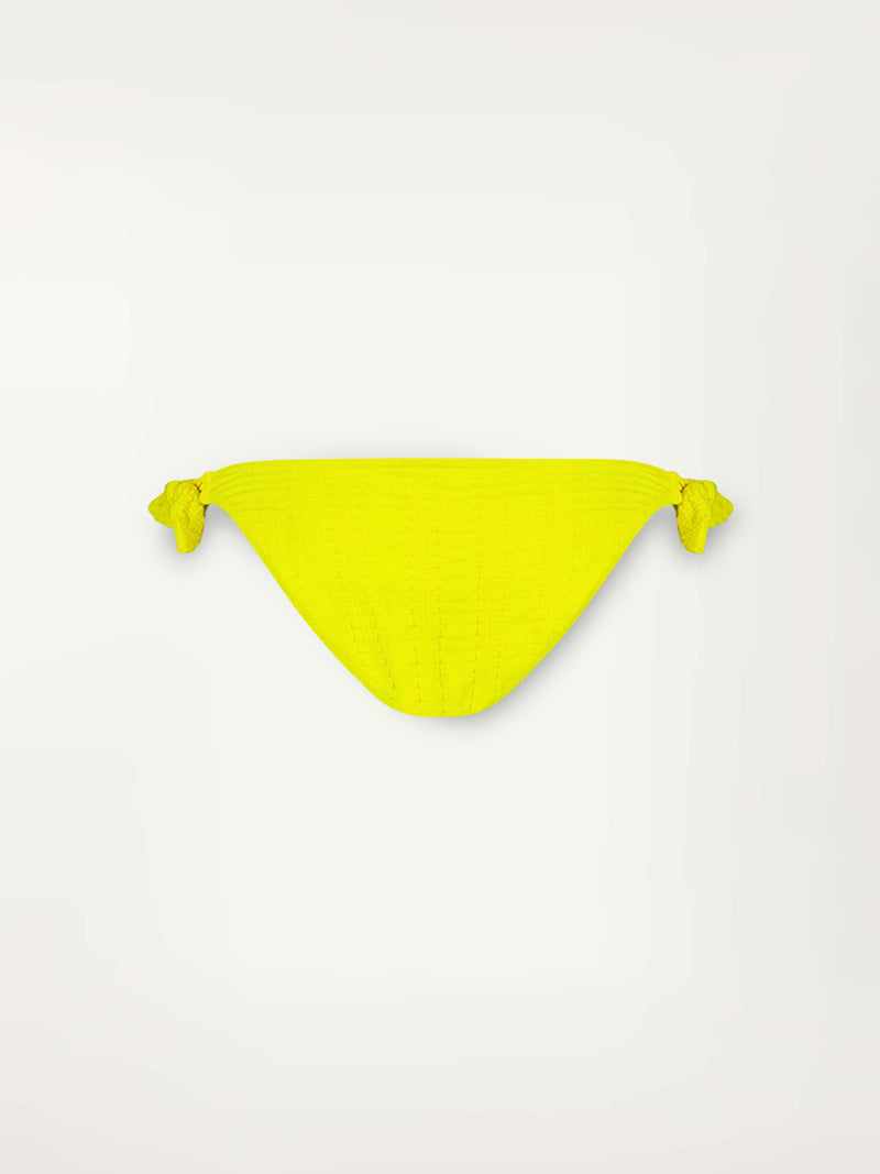 Product Front Shot of Lucy Side Tie Bottom featuring a textured down sampled Jordanos pattern in a bright flattering citron color