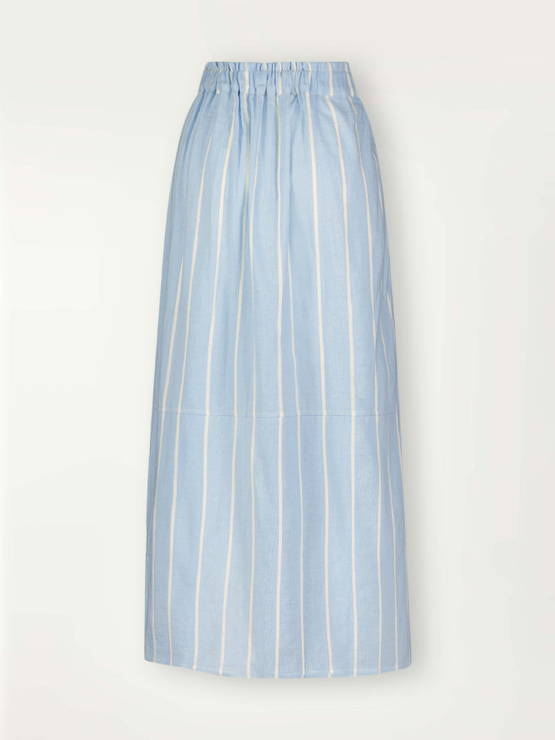 Product Back Shot of Tola Skirt Featuring all over stripe pattern iin light blue and white colors