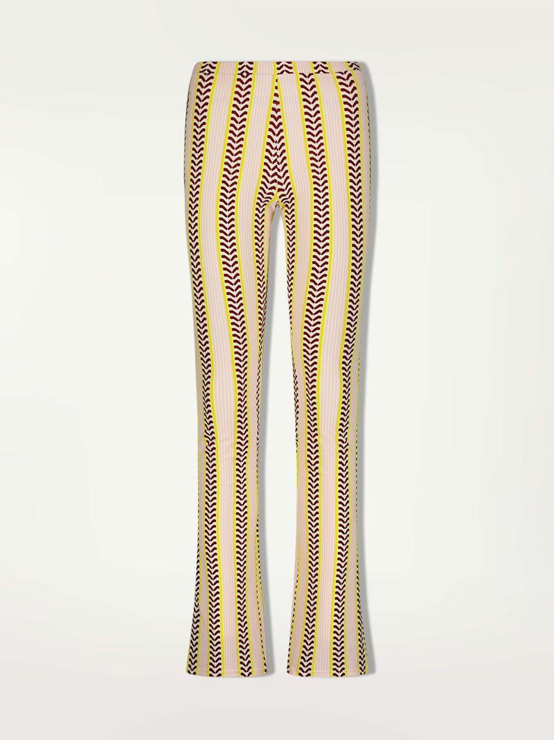 Product Front Shot of a Zula Flared Pants featuring delicate pink stripes with a bold chevron patterned ribbon, along with muted hues of pink, burgundy, and a bright citrus hue.
