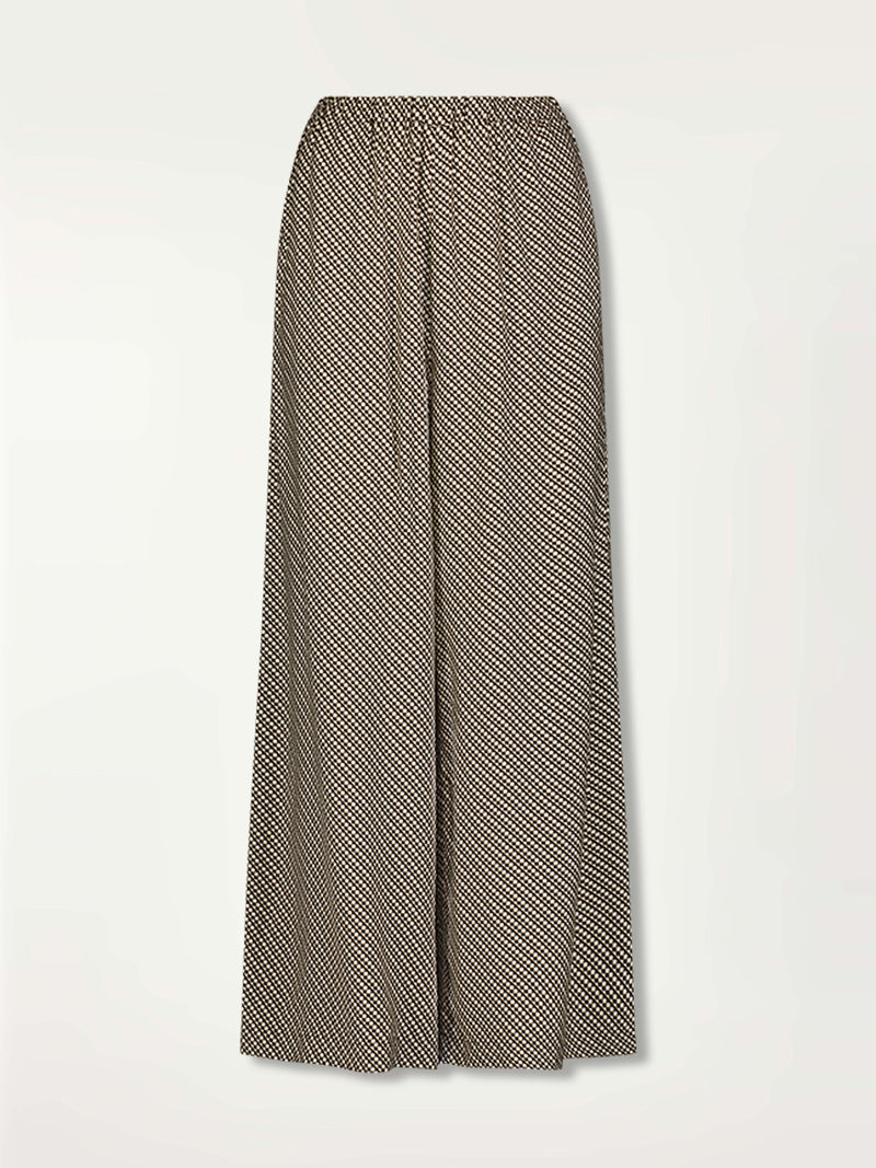 Product Front Shot of Desta Pants featuring diamond Tibeb pattern stripes in earthy brown & natural colors.
