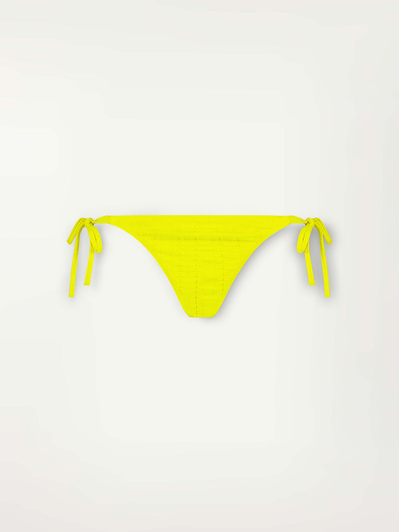 Product Front Shot of Rekka String Bottom featuring a textured down sampled Jordanos pattern in a bright flattering citron color