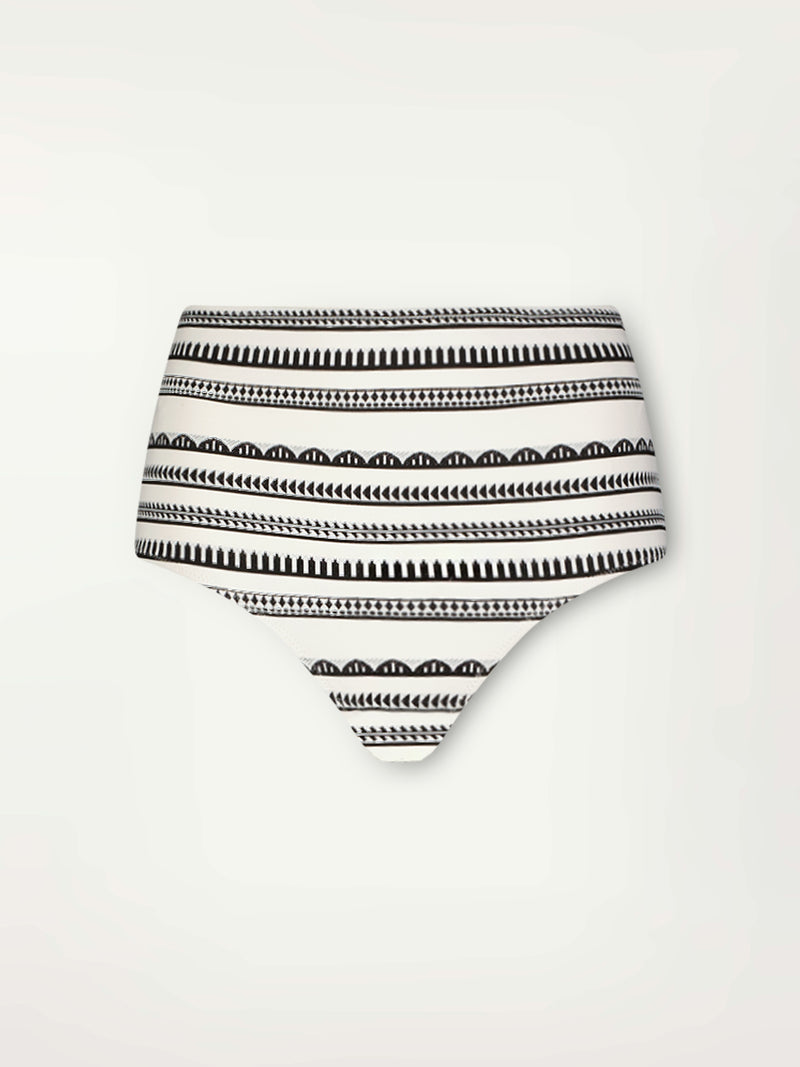 Product Front Shot of a High Waist Bikini Bottom  featuring intricate black Tibeb bands on a textured white background.