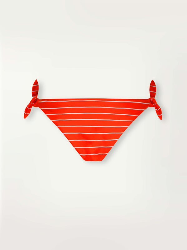 Product Back Shot of lemlem Side Tie Bottom featuring bright juicy tangerine hues accented by pale blue fine stripes
