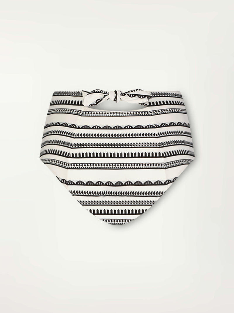 Product Back Shot of a High Waist Bikini Bottom featuring intricate black Tibeb bands on a textured white background.