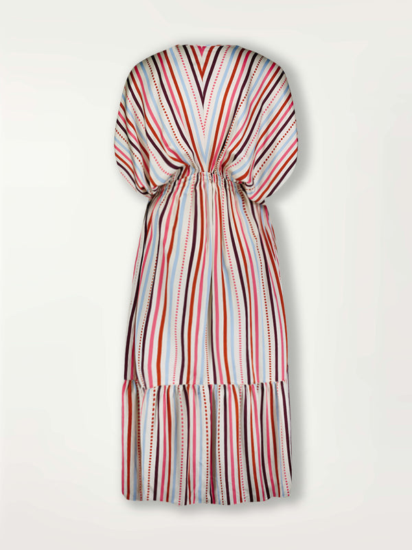Product Back Shot of Leila Plunge Neck Dress featuring multi stripe pattern with geometric dots with Coral, Sky blue colors grounded by brown ground color on cream background.