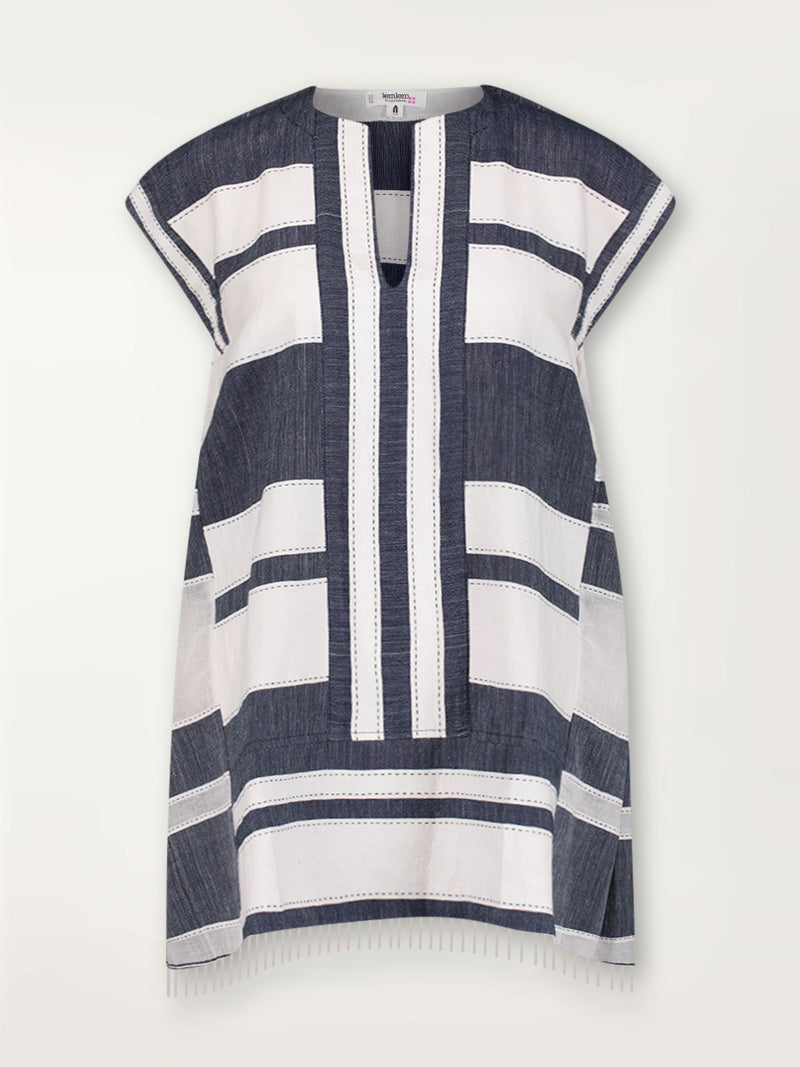 Product Front Shot of Elina Caftan Dress featuring Bold Stripe Pattern with pick stitch edge in Classic Navy and White colors.