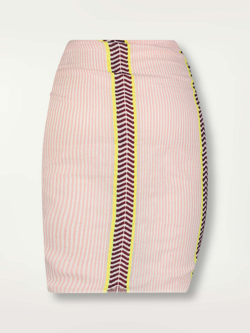 Product Back Image of Lema Sarong featuring delicate pink stripes with a bold chevron patterned ribbon, along with muted hues of pink, burgundy, and a bright citrus-orange hue.