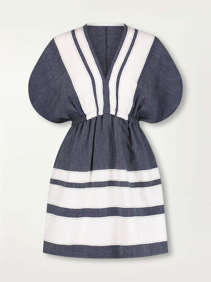 Product Front Shot of Alem Plunge Dress featuring Bold Stripe Pattern with pick stitch edge in Classic Navy and White colors.