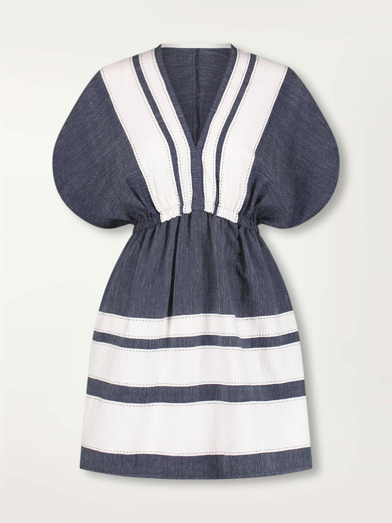 Product Front Shot of Alem Plunge Dress featuring Bold Stripe Pattern with pick stitch edge in Classic Navy and White colors.