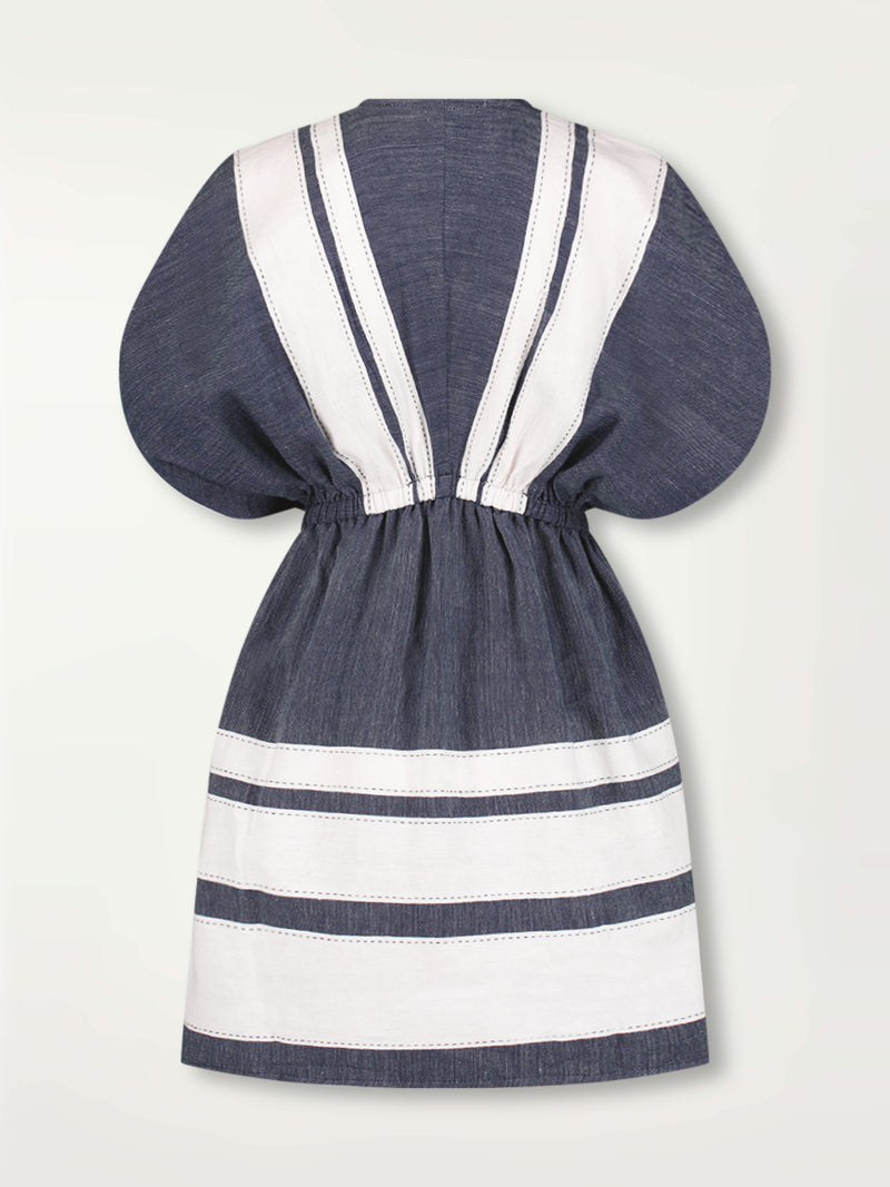 Product Back Shot of Alem Plunge Dress featuring Bold Stripe Pattern with pick stitch edge in Classic Navy and White colors.